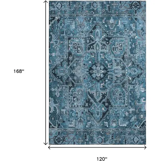 Blue And Ivory Oriental Washable Area Rug With UV Protection Photo 3