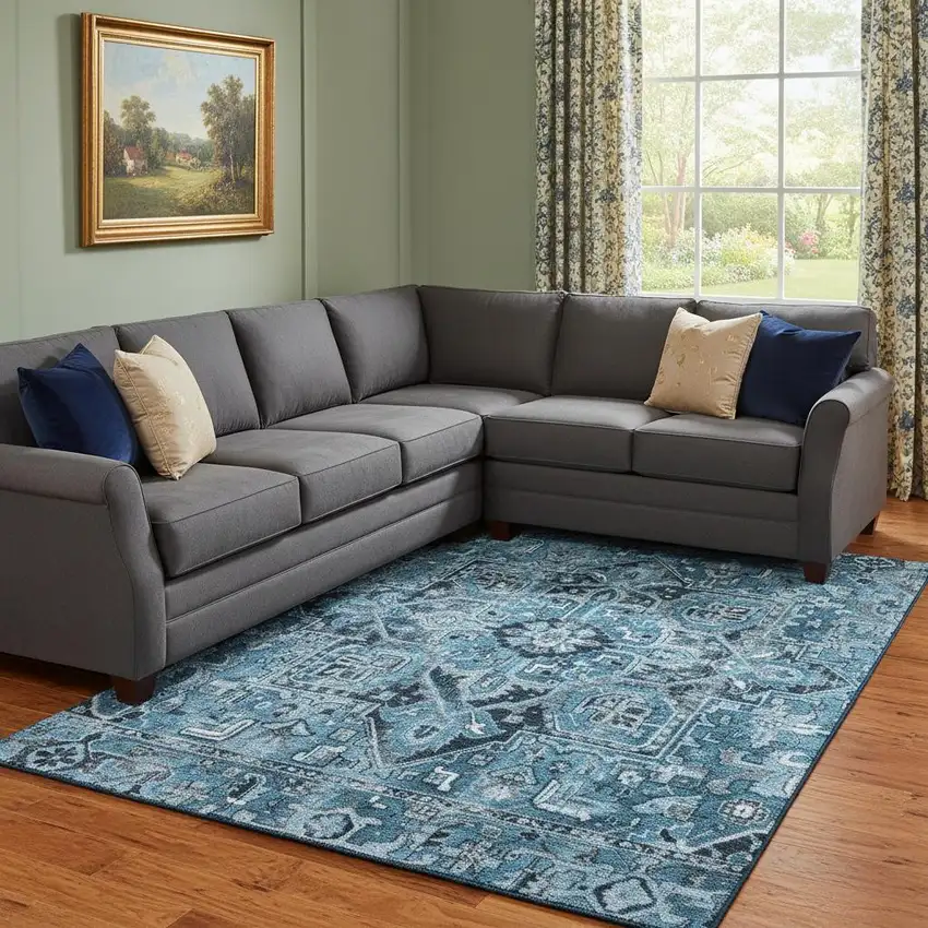 Blue And Ivory Oriental Washable Area Rug With UV Protection Photo 1