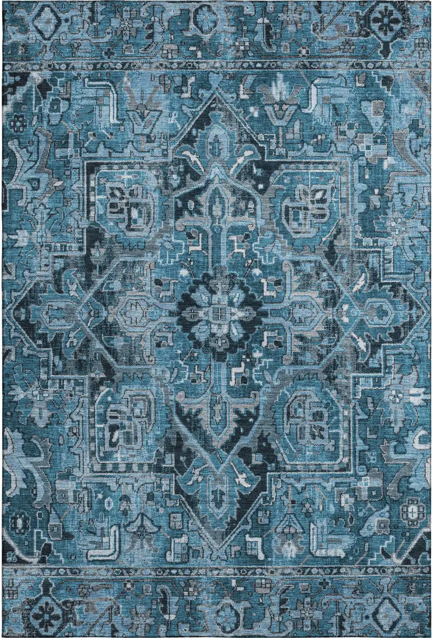 Blue And Ivory Oriental Washable Area Rug With UV Protection Photo 1