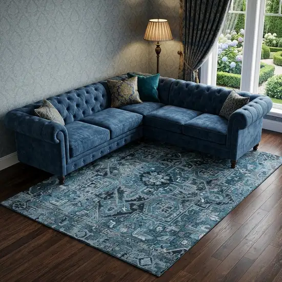 Blue And Ivory Oriental Washable Area Rug With UV Protection Photo 1