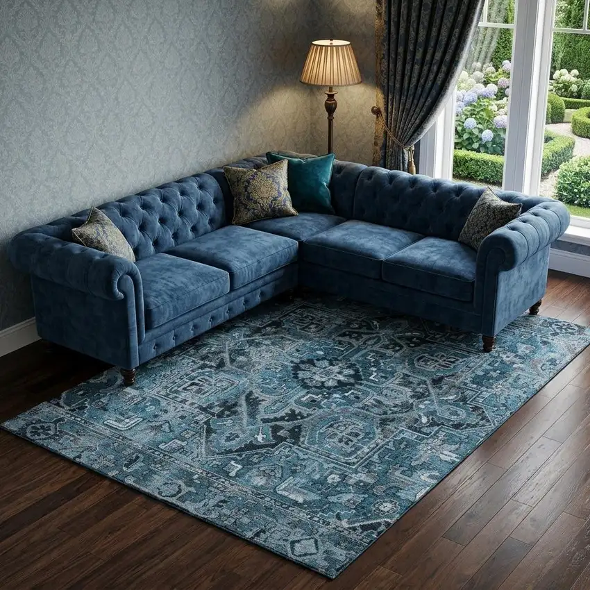 Blue And Ivory Oriental Washable Area Rug With UV Protection Photo 1