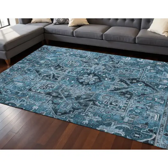 Blue And Ivory Oriental Washable Area Rug With UV Protection Photo 2
