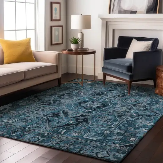 Blue And Ivory Oriental Washable Area Rug With UV Protection Photo 5