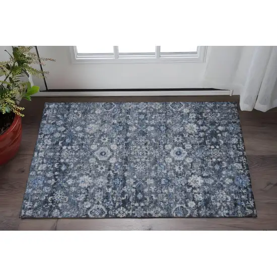 Blue And Ivory Oriental Washable Area Rug With UV Protection Photo 2