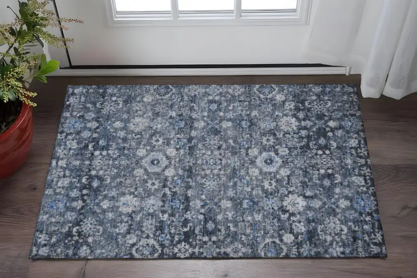 Blue And Ivory Oriental Washable Area Rug With UV Protection Photo 2