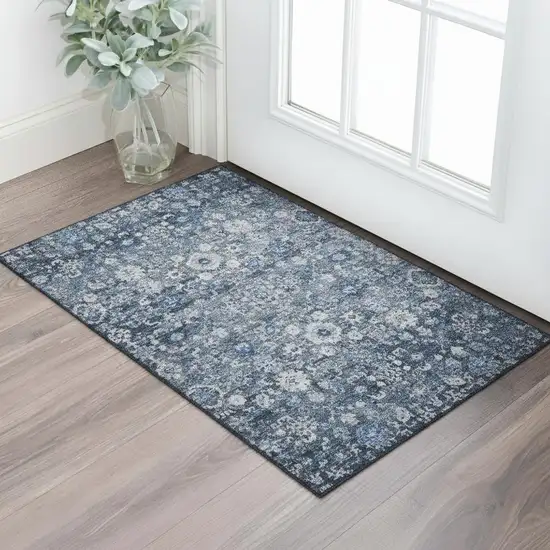 Blue And Ivory Oriental Washable Area Rug With UV Protection Photo 1