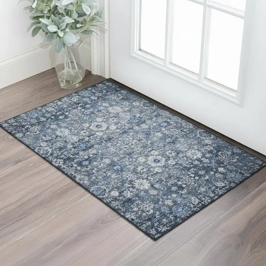 Blue And Ivory Oriental Washable Area Rug With UV Protection Photo 1