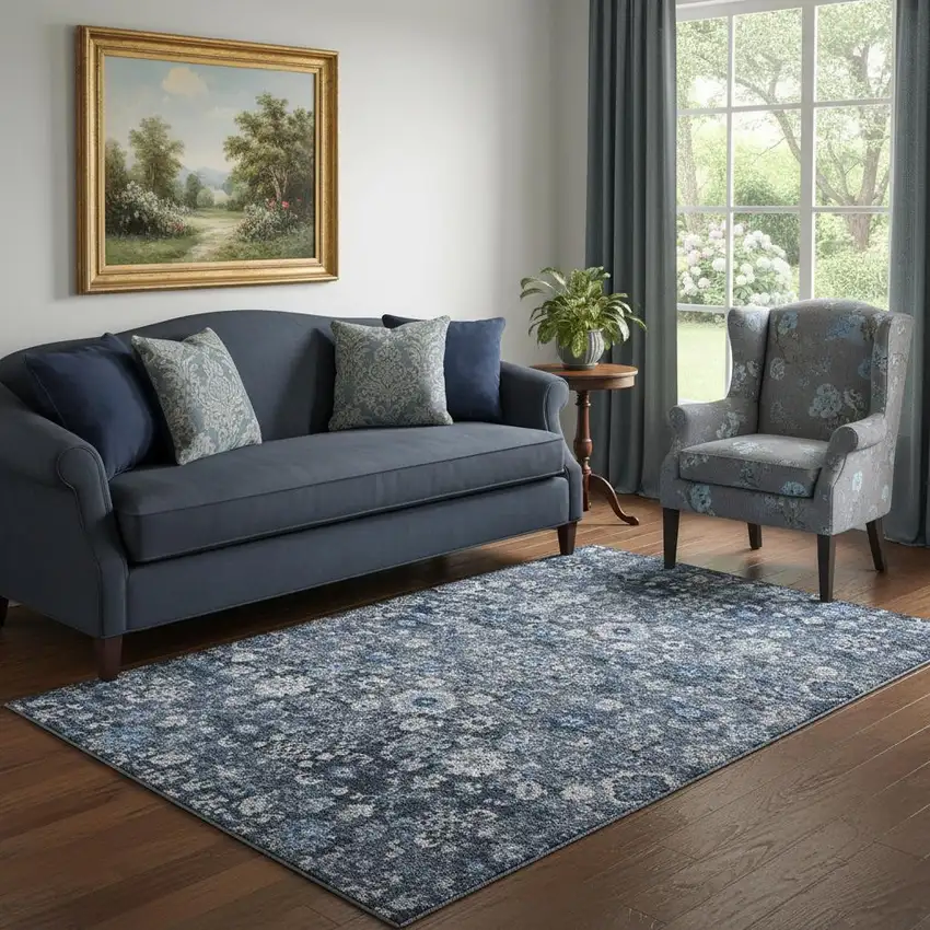 Blue And Ivory Oriental Washable Area Rug With UV Protection Photo 1