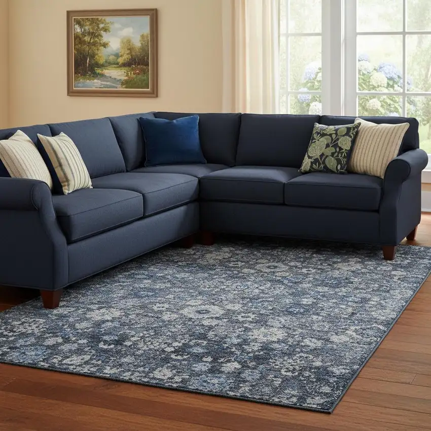 Blue And Ivory Oriental Washable Area Rug With UV Protection Photo 1