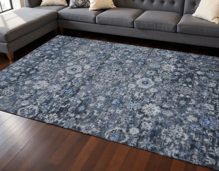 Blue And Ivory Oriental Washable Area Rug With UV Protection Photo 2