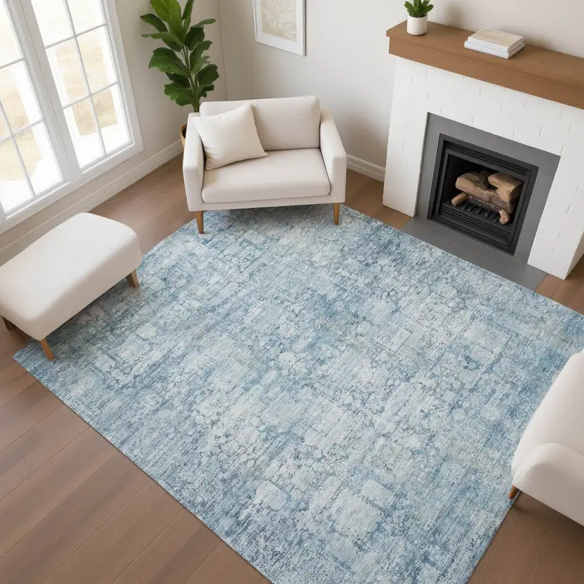 Blue And Ivory Oriental Washable Area Rug With UV Protection Photo 3