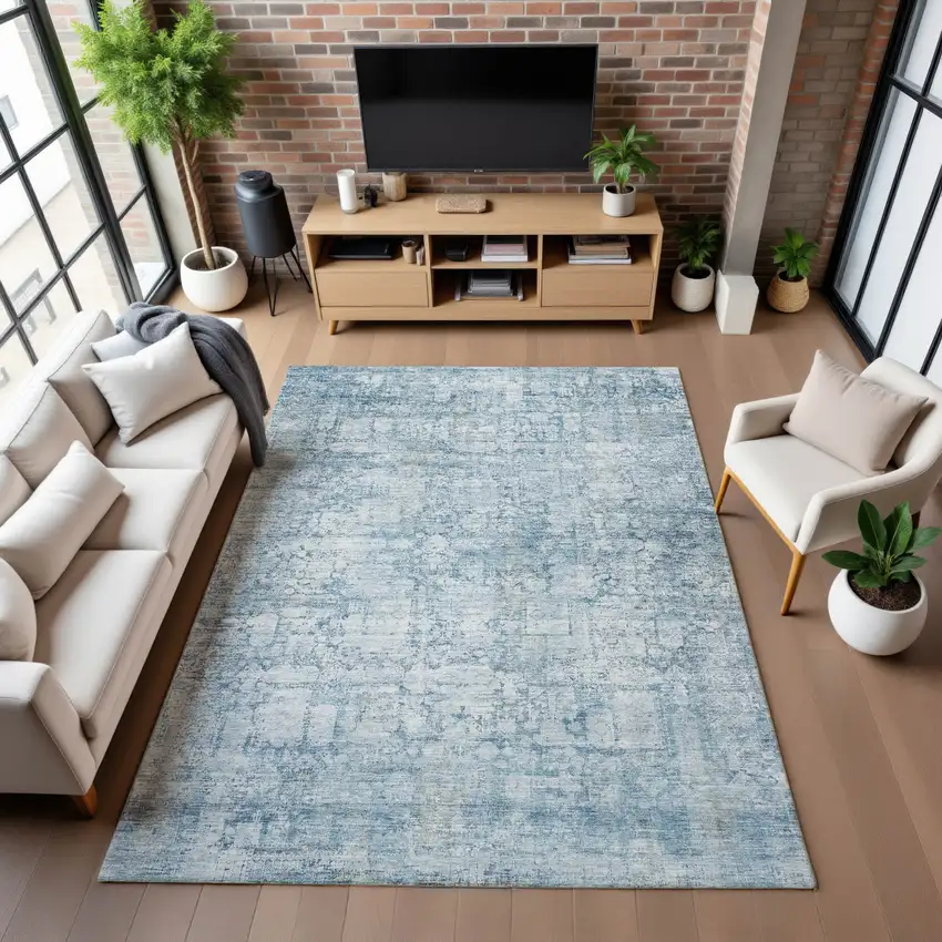 Blue And Ivory Oriental Washable Area Rug With UV Protection Photo 4