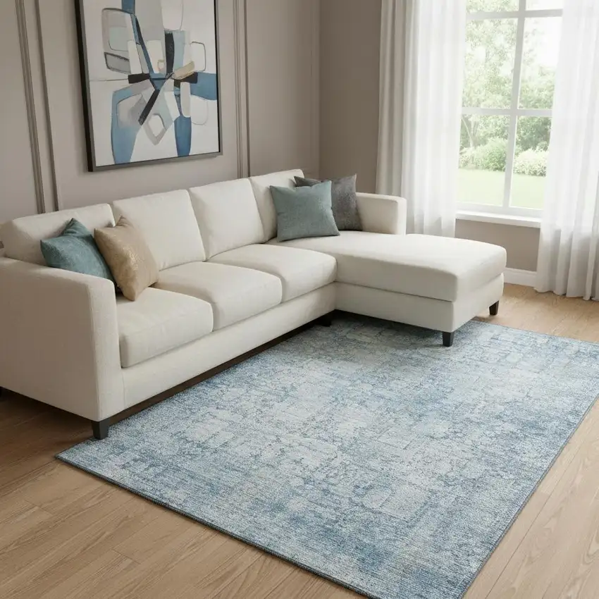 Blue And Ivory Oriental Washable Area Rug With UV Protection Photo 2