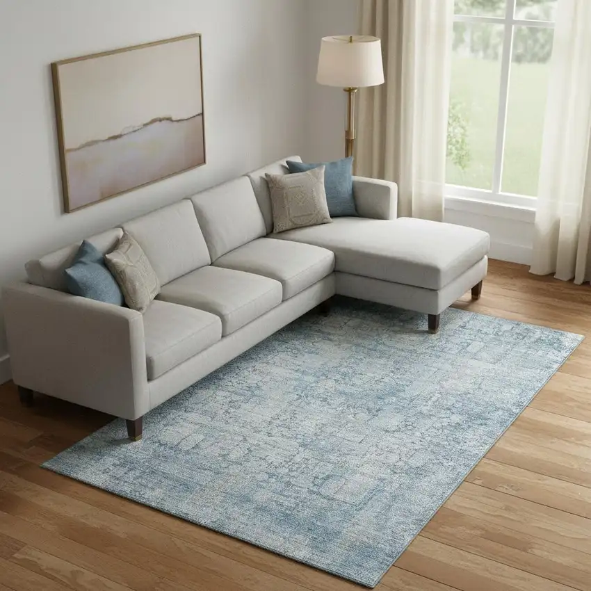 Blue And Ivory Oriental Washable Area Rug With UV Protection Photo 2