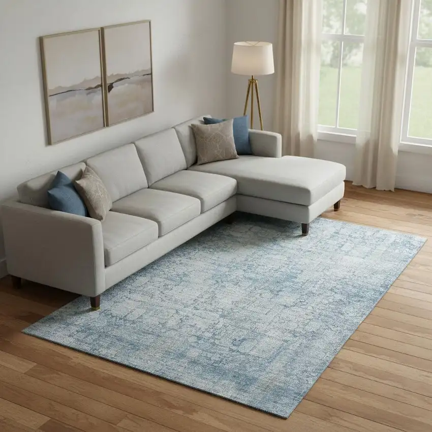 Blue And Ivory Oriental Washable Area Rug With UV Protection Photo 2