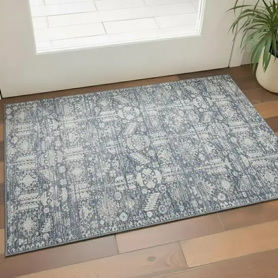 Blue And Ivory Oriental Washable Area Rug With UV Protection Photo 2