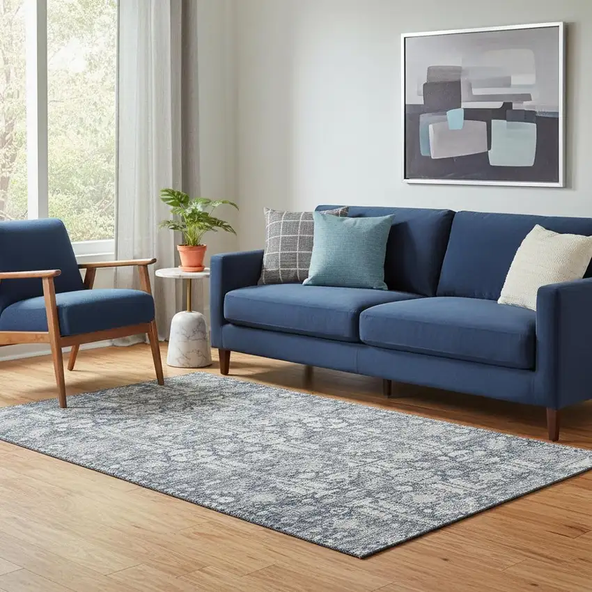 Blue And Ivory Oriental Washable Area Rug With UV Protection Photo 1