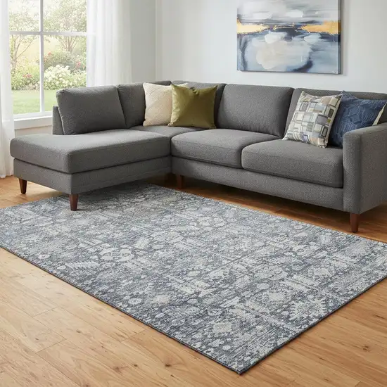 Blue And Ivory Oriental Washable Area Rug With UV Protection Photo 2