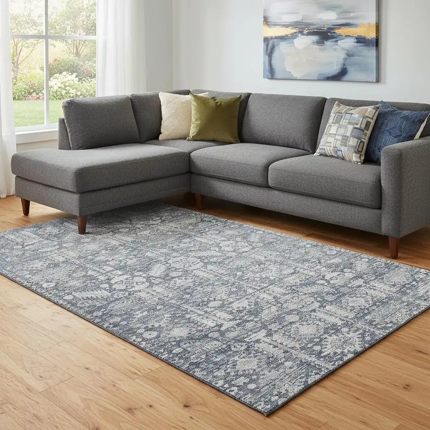 Blue And Ivory Oriental Washable Area Rug With UV Protection Photo 2