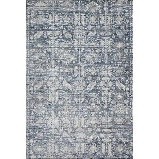 Blue And Ivory Oriental Washable Area Rug With UV Protection Photo 1