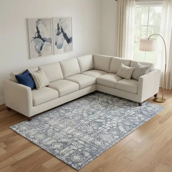 Blue And Ivory Oriental Washable Area Rug With UV Protection Photo 2