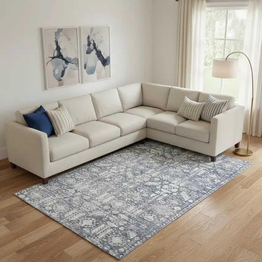 Blue And Ivory Oriental Washable Area Rug With UV Protection Photo 2
