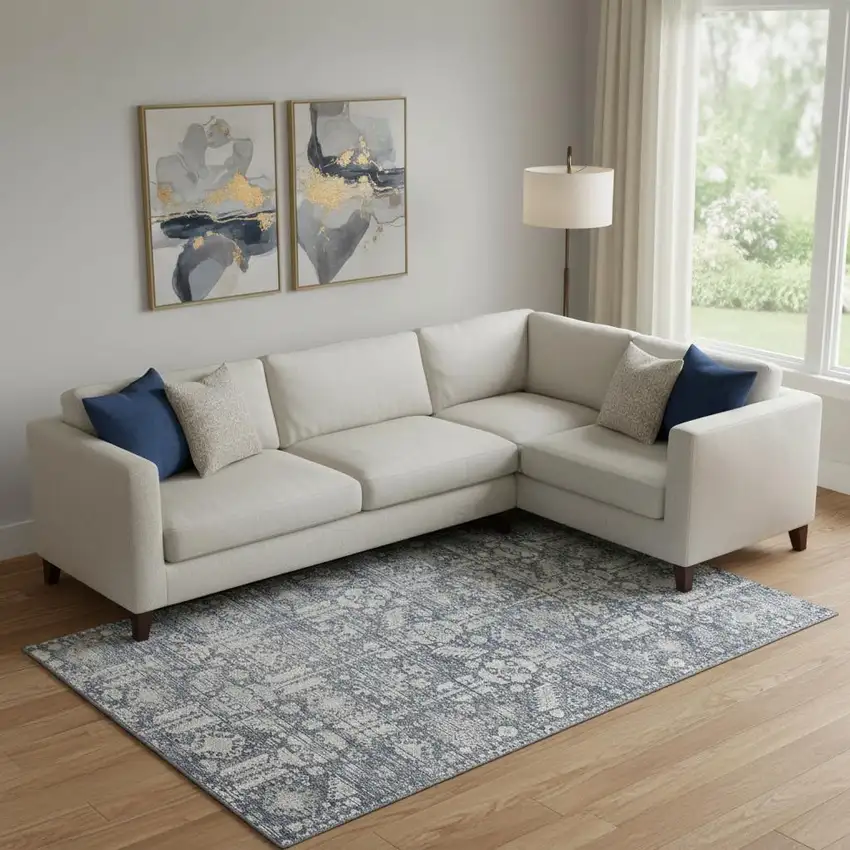 Blue And Ivory Oriental Washable Area Rug With UV Protection Photo 2
