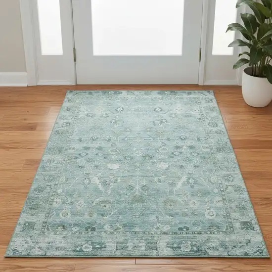 Blue And Ivory Oriental Washable Area Rug With UV Protection Photo 2