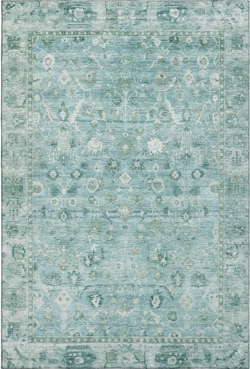 Blue And Ivory Oriental Washable Area Rug With UV Protection Photo 1