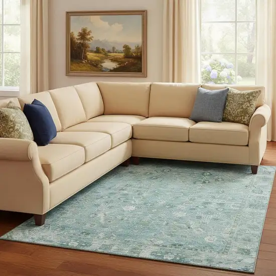 Blue And Ivory Oriental Washable Area Rug With UV Protection Photo 2