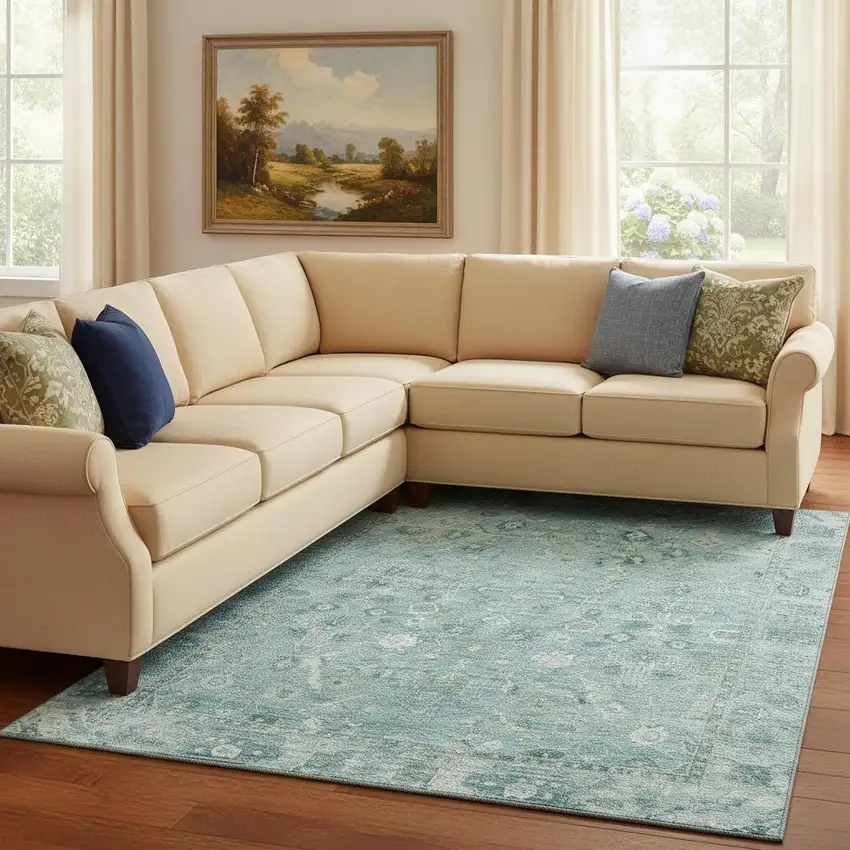 Blue And Ivory Oriental Washable Area Rug With UV Protection Photo 2