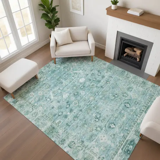 Blue And Ivory Oriental Washable Area Rug With UV Protection Photo 4