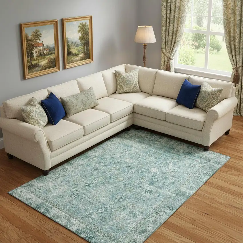 Blue And Ivory Oriental Washable Area Rug With UV Protection Photo 2