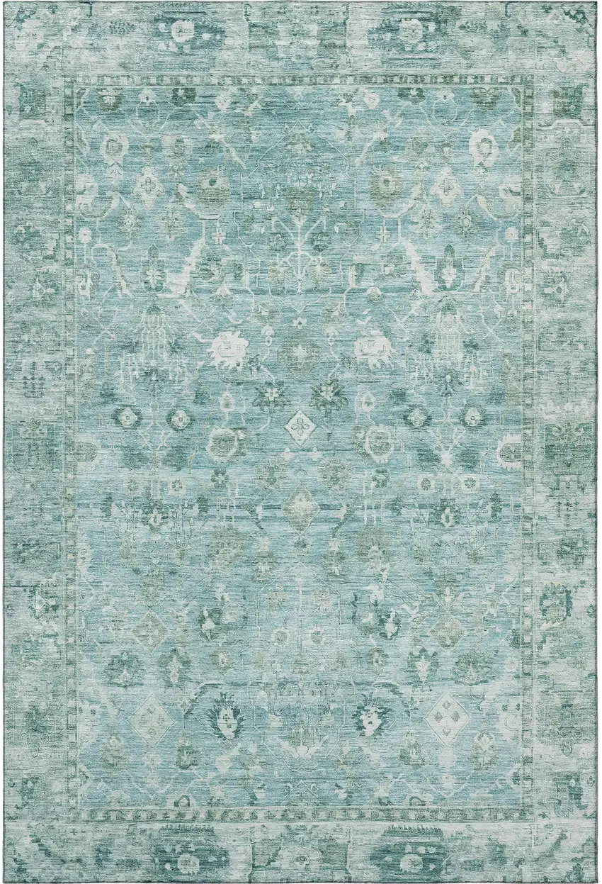 Blue And Ivory Oriental Washable Area Rug With UV Protection Photo 3
