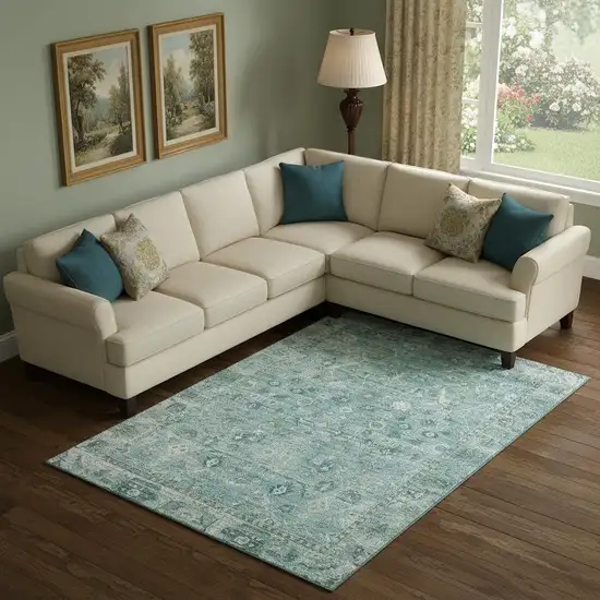 Blue And Ivory Oriental Washable Area Rug With UV Protection Photo 2