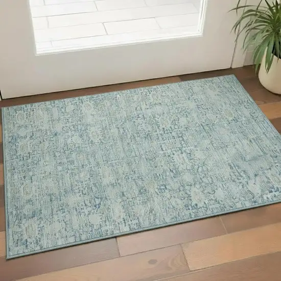 Blue And Ivory Oriental Washable Area Rug With UV Protection Photo 2