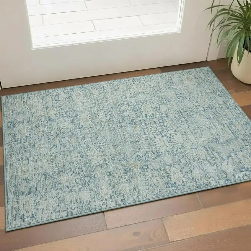 Blue And Ivory Oriental Washable Area Rug With UV Protection Photo 2