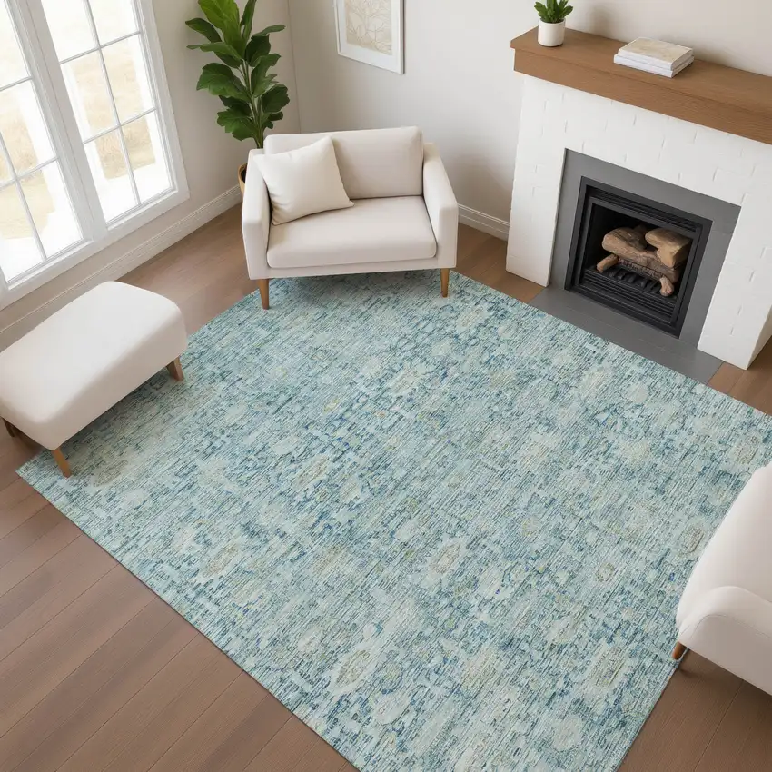 Blue And Ivory Oriental Washable Area Rug With UV Protection Photo 3