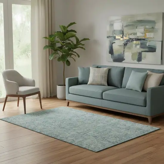 Blue And Ivory Oriental Washable Area Rug With UV Protection Photo 2