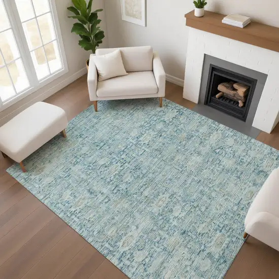 Blue And Ivory Oriental Washable Area Rug With UV Protection Photo 4