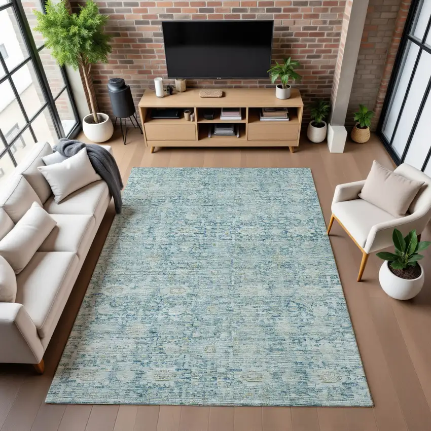 Blue And Ivory Oriental Washable Area Rug With UV Protection Photo 5