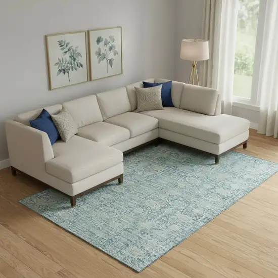 Blue And Ivory Oriental Washable Area Rug With UV Protection Photo 2