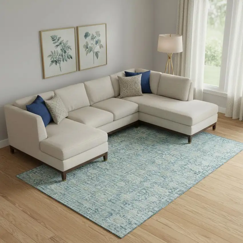 Blue And Ivory Oriental Washable Area Rug With UV Protection Photo 2