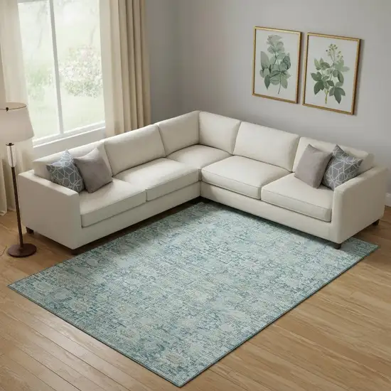 Blue And Ivory Oriental Washable Area Rug With UV Protection Photo 2