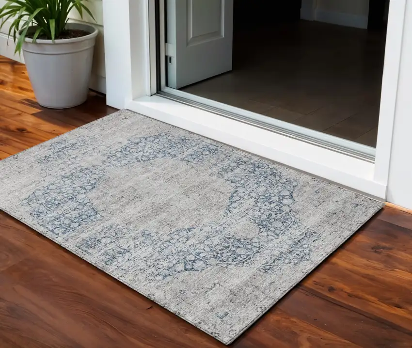 Blue And Ivory Oriental Washable Indoor Outdoor Area Rug Photo 1