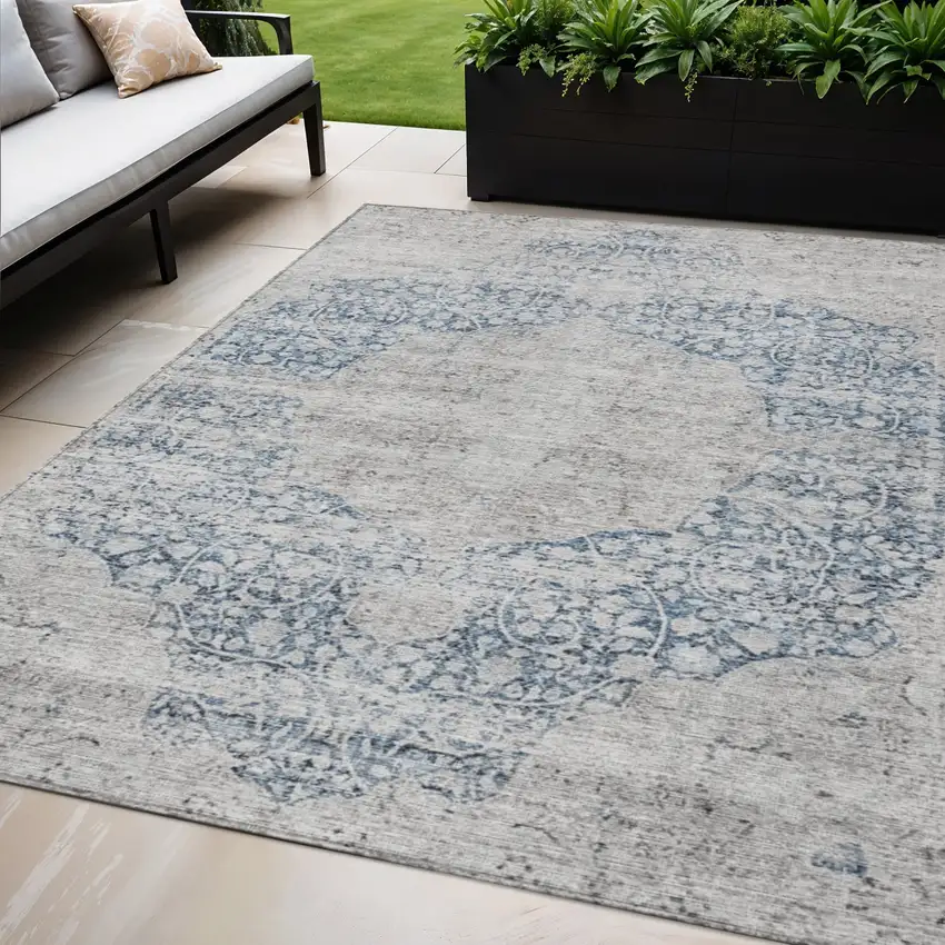 Blue And Ivory Oriental Washable Indoor Outdoor Area Rug Photo 1