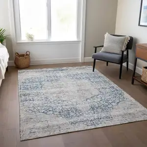 Photo of Blue And Ivory Oriental Washable Indoor Outdoor Area Rug
