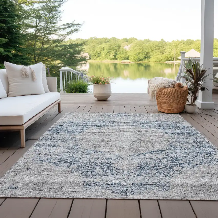Blue And Ivory Oriental Washable Indoor Outdoor Area Rug Photo 7