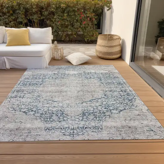 Blue And Ivory Oriental Washable Indoor Outdoor Area Rug Photo 9