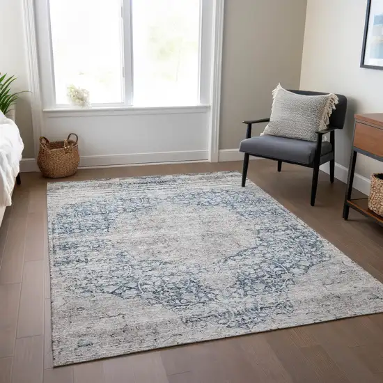 Blue And Ivory Oriental Washable Indoor Outdoor Area Rug Photo 8